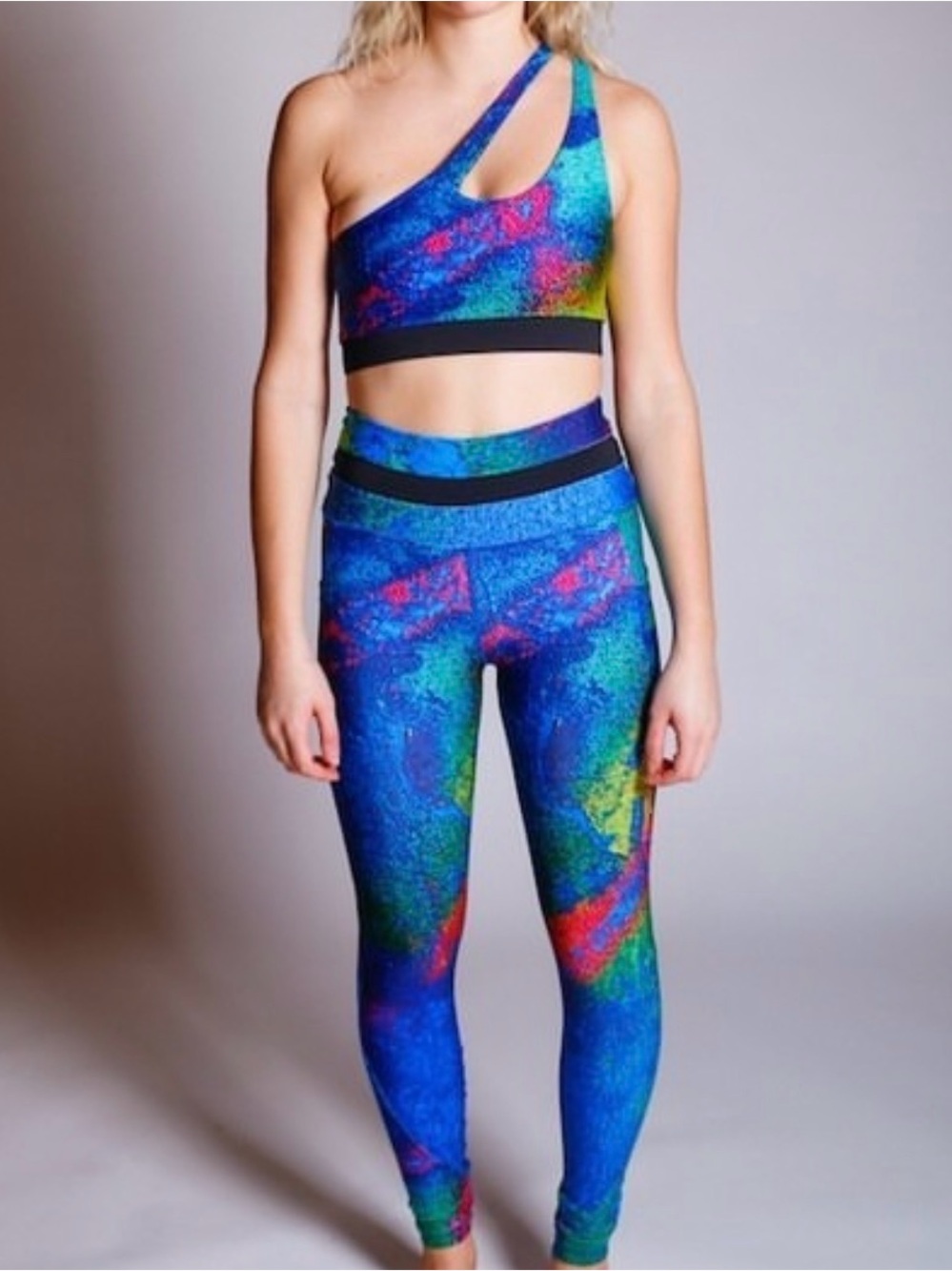 Brio Soul 3pc Blue Multicolor One-Shoulder top w Active Legging and bikini Set